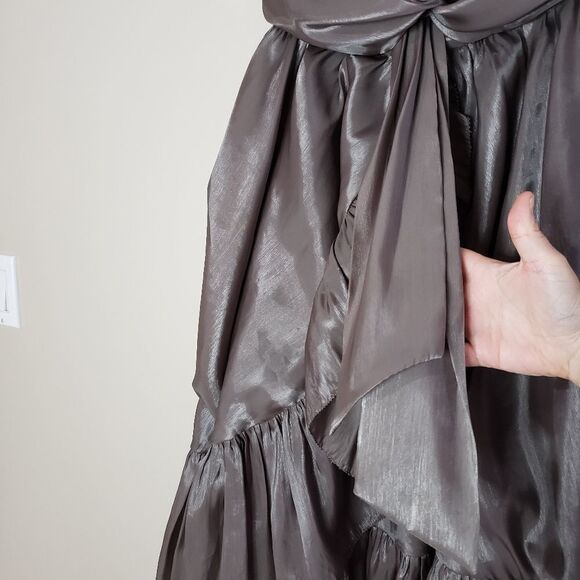 Aryn K Small Silver Strapless Faux Wrap Empire Waist Tie Front Mini Dress - Picture 4 of 13